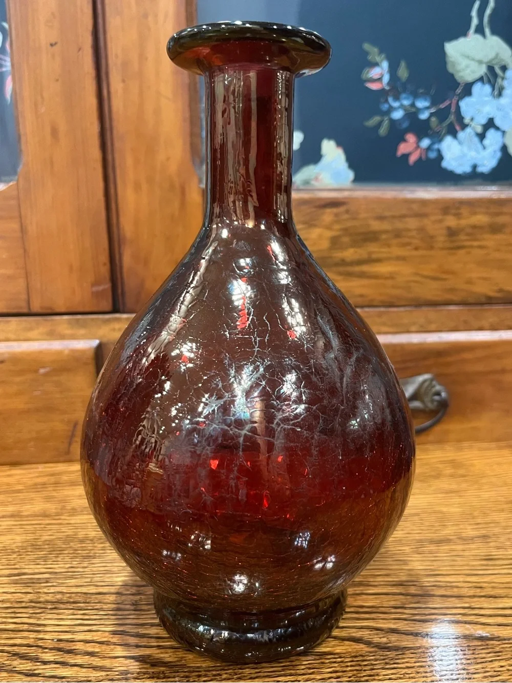 Vintage Burgundy Crackle Art Glass Vase Hand Blown Pontil 9.5” Artsy Collectable